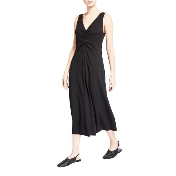 Vince Sz S Black Stretch Crepe Double V Neck Ruched Midi Dress - Picture 3 of 16
